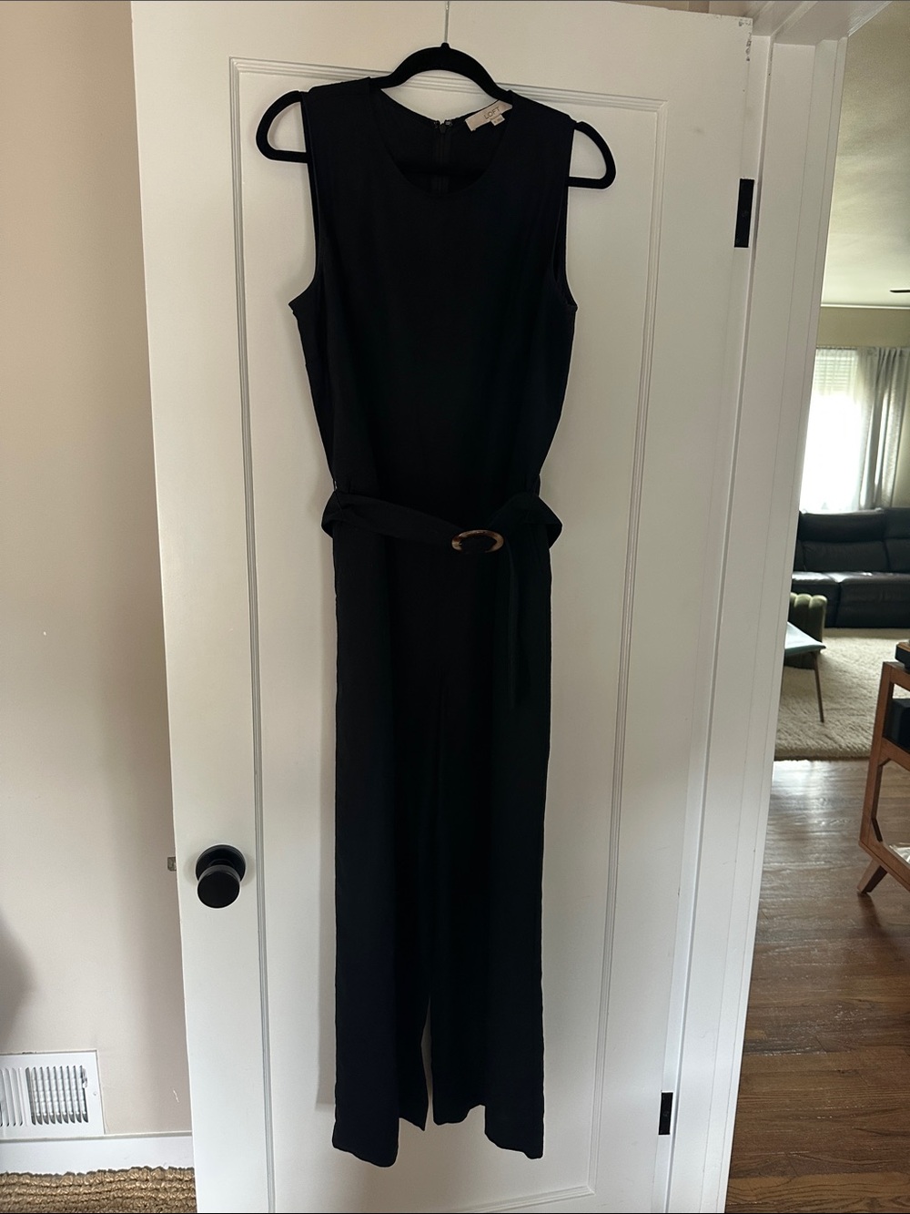 LOFT Black Sleeveless Belted Wide-Leg Jumpsuit